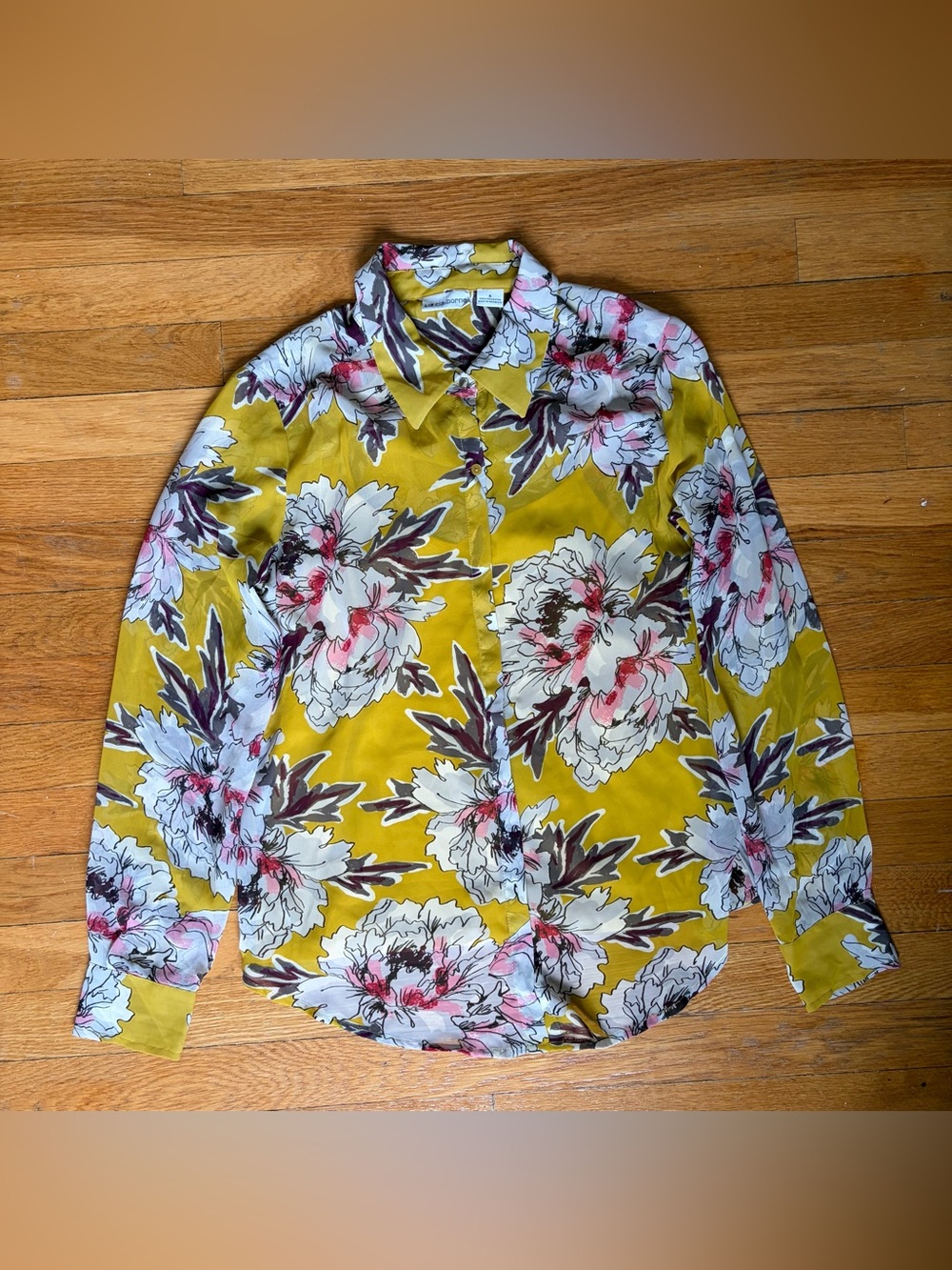 Liz Claiborne vintage yellow mustard floral button down top size S